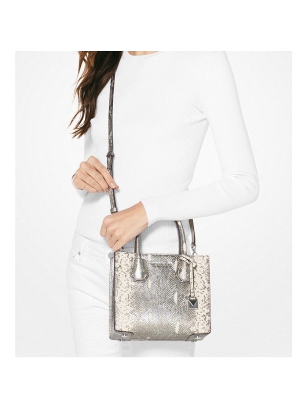 Michael Kors Mercer Messenger Snake Embossed Leather Pewter